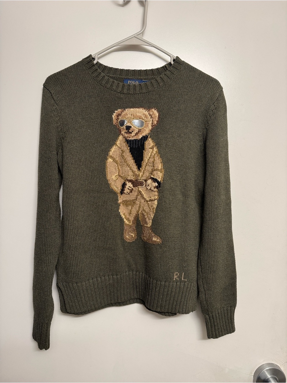 Polo by Ralph Lauren Olive Bear-Intarsia Crewneck Sweater